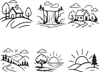 Set of six handdrawn line art icons representing nature scenes and landscapes