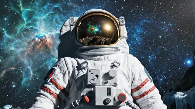Astronaut in white space suit standing on rocky alien planet with colorful nebula background raising arms in victory while camera zooms into golden helmet reflection.