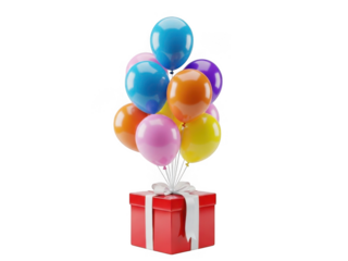 Colorful balloons attached to a red gift box