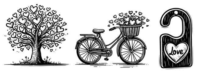 Set of romantic hand drawn love symbols featuring bicycle and heart tree