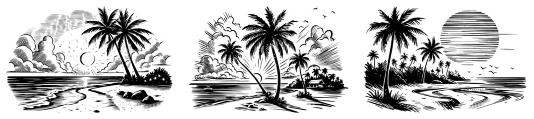 tropical beach sunset landscape set with palm trees and ocean waves