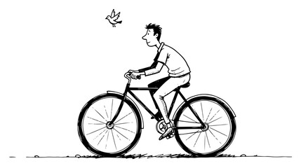 Obraz premium Happy man riding a bicycle with a small bird in hand drawn doodle style