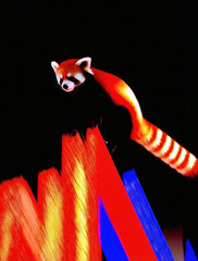 Red panda standing on vibrant orange and blue light rays