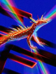 Colorful chameleon on a branch with neon light trails