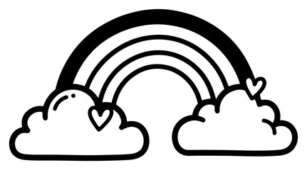 Fototapeta premium Cute hand drawn rainbow arching over two clouds with hearts