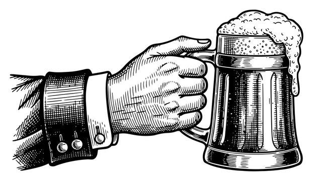 hand holding full beer mug with foam in engraving style