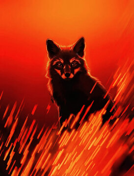 Wolf silhouette in a field of red grass during sunset