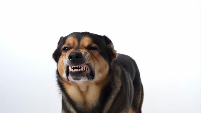 Dog shows progressive display of aggression with growl and snarl on isolated white background