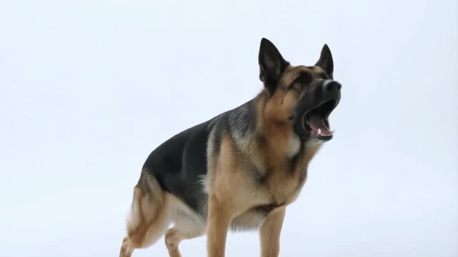 German shepherd in motion: sitting, barking, running sequence on white background