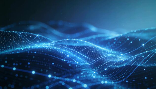 Abstract digital technology background with a blue glowing particle wave and flowing data grid lines representing big data visualization cybersecurity and futuristic innovation
