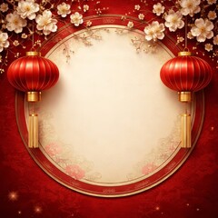 Red and Gold Circular Frame with Lanterns and Cherry Blossoms &ndash; Chinese New Year Decorative Design