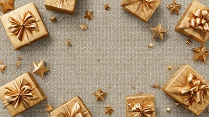 Golden gift boxes with shiny bows and golden stars on transparent background, top view for greeting card or tag