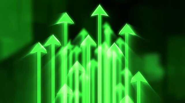 Dynamic growth arrows in motion with vibrant green energy pulse ascending