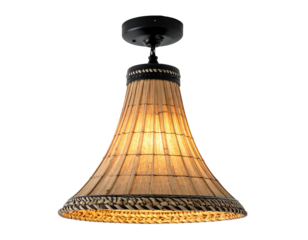 Hanging conical light fixture with bamboo-like shade & black metal top, emitting warm glow