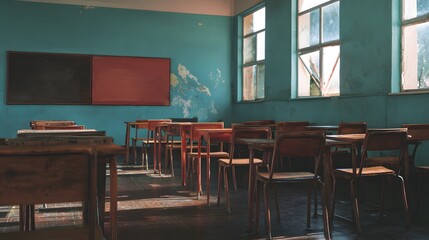 Forgotten classroom evokes poignant memories of learning past a tranquil nostalgic scene