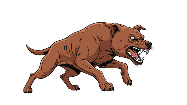 Aggressive brown pit bull dog lunging forward with bared teeth and an angry expression, ready for attack or defense.