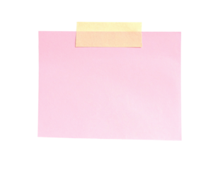 A blank pink square note secured with tan tape against a stark black background