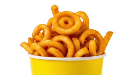 Delicious curly fries in a yellow cup isolated PNG, golden brown potato snack on transparent background, fast food treat for menu design