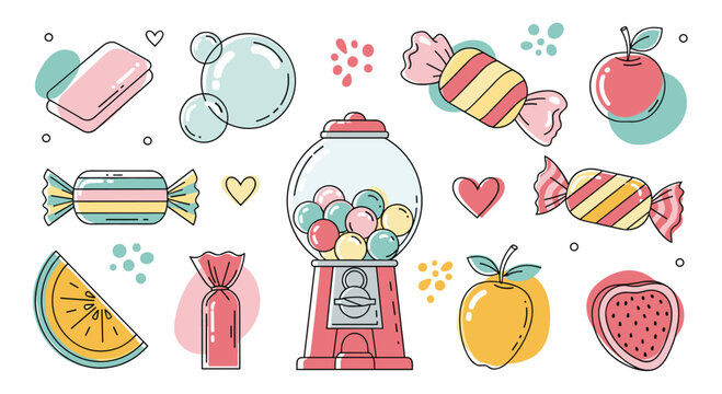 Fun set of various colorful sweets and candies including a gumball machine, lollipops, fruit-shaped treats, and chewing gum.