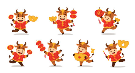 Fototapeta premium Joyful ox characters for Chinese New Year celebration holding traditional lanterns, gold ingots, and festive banners.