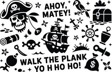 Pirate icon set skull ship treasure typography nautical vector illustration black white cartoon design