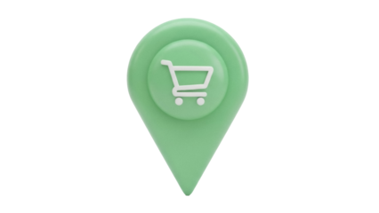 Mint green map pointer with shopping cart icon isolated PNG, location pin for online store and e-commerce on transparent background