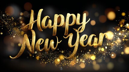 Elegant New Year celebration design word Happy New Year written luxurious golden metallic lettering soft glowing highlight black background floating gold particle cinematic lighting premium festive