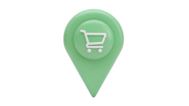 Mint green map pointer with shopping cart icon isolated PNG, location pin for online store and e-commerce on transparent background - Powered by Adobe