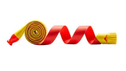 Large red and yellow coiled hose isolated on transparent background