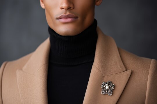 Modern Portrait of Man in Camel Trench Coat with Heirloom Brooch Cluster and Dramatic Editorial Lighting