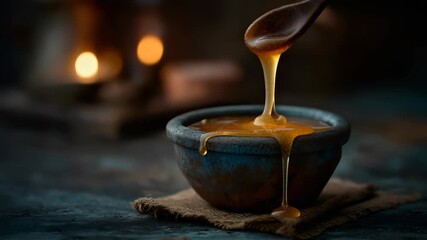 Molten golden caramel pouring slowly in a dark environment, glowing warm light from within, rich syrupy texture