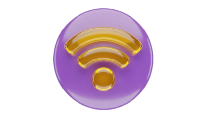 Purple and gold WiFi symbol PNG isolated on transparent background, wireless internet connection icon for technology and communication