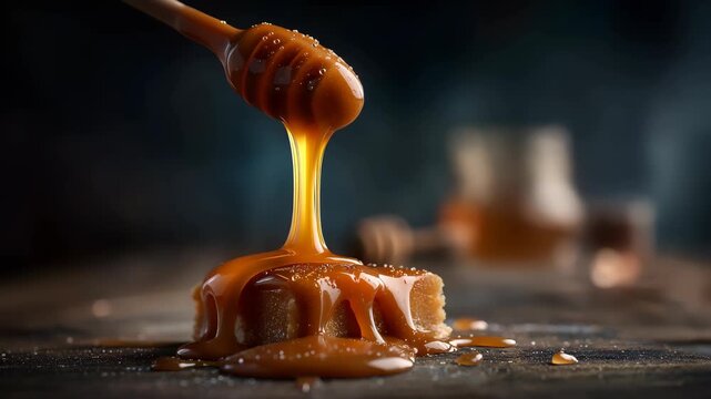 Molten golden caramel pouring slowly in a dark environment, glowing warm light from within, rich syrupy texture
