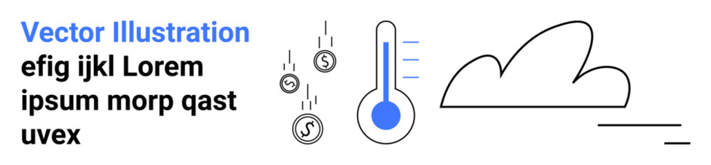 Weather forecasting, climate change, financial challenges, economic impact, environmental studies, temperature patterns. Thermometer, cloud and coins falling. Climate change and financial challenges