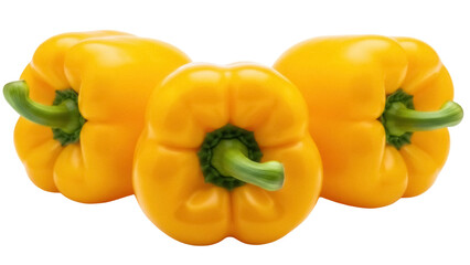 Three yellow bell peppers isolated PNG on transparent background, fresh vegetables for cooking and healthy eating