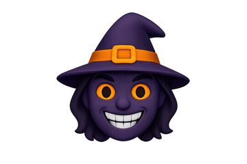 Witch emoji wearing a purple hat and orange buckle, smiling wide, for halloween and magic themes