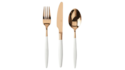 Elegant gold cutlery set isolated PNG, modern flatware with white handles on transparent background for dining and table setting design