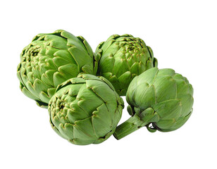 Obraz premium Four fresh, green artichokes isolated against a black background