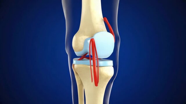 3d medical illustration of human knee joint anatomy with ligaments and cartilage on blue background