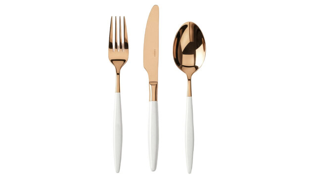 Elegant gold cutlery set isolated PNG, modern flatware with white handles on transparent background for dining and table setting design