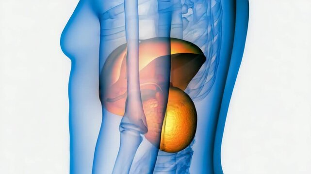3d illustration of human liver and gallbladder anatomy within a transparent torso outline
