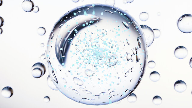 Transparent cosmetic gel fluid, serum with 3D molecules, bubbles cream, gel, moisturizer, cosmetic, liquid gel drops, hyaluronic , Close-up liquid oil, Natural Organic Cosmetics, skin care, beauty ani
