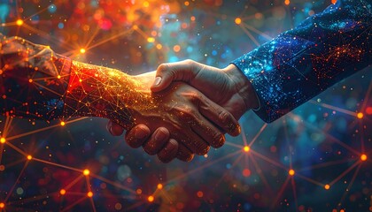 Digitally enhanced handshake. Sparks and networks. Cooperation, connection