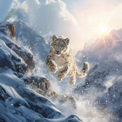 Snow Leopard Cub Jumping Through Snowy Mountain Landscape with Blue Eyes