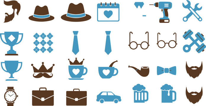 Modern flat vector icon set for Father's Day and men's lifestyle featuring beards fedora hats neckties tools and business accessories for greeting cards and masculine branding