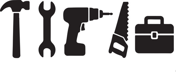 Obraz premium Collection of black silhouette icons representing essential construction and repair tools including a hammer wrench drill saw and toolbox for maintenance concepts