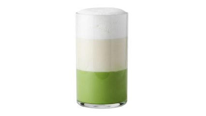 Matcha latte in a glass isolated PNG on transparent background, layered green tea drink with milk foam for cafe menu