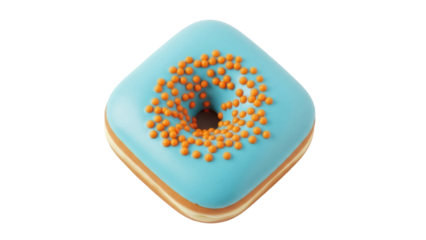 Square donut with blue frosting and orange sprinkles isolated PNG, sweet treat for bakery and dessert shop designs
