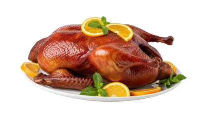 Roasted duck with orange slices and mint PNG isolated on transparent background, festive holiday dinner for Thanksgiving and Christmas