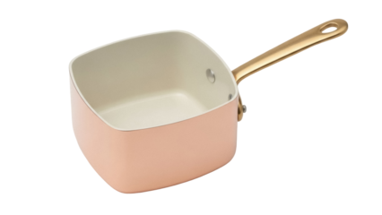 Square saucepan with gold handle isolated PNG, modern cookware for kitchen and cooking on transparent background